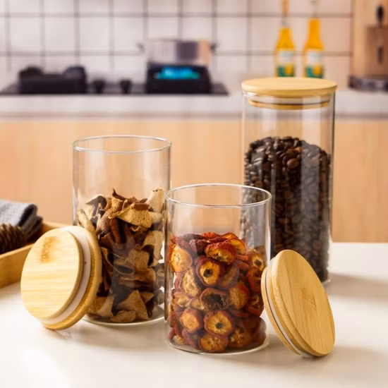 밀폐된 대나무 뚜껑이 있는 맞춤형 로고 유리 보관 용기